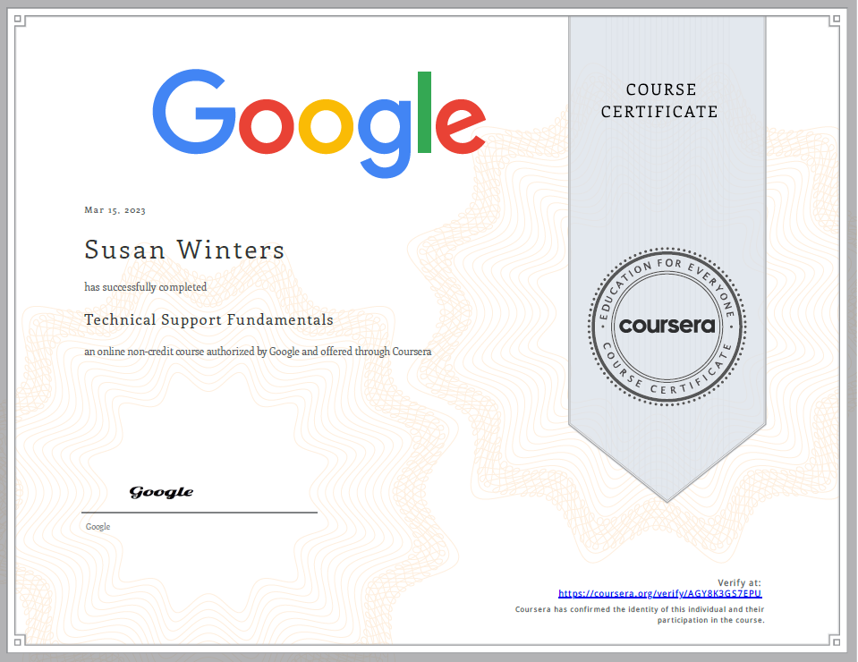 Google Certification - IT Fundamentals - presented to Susan Winters