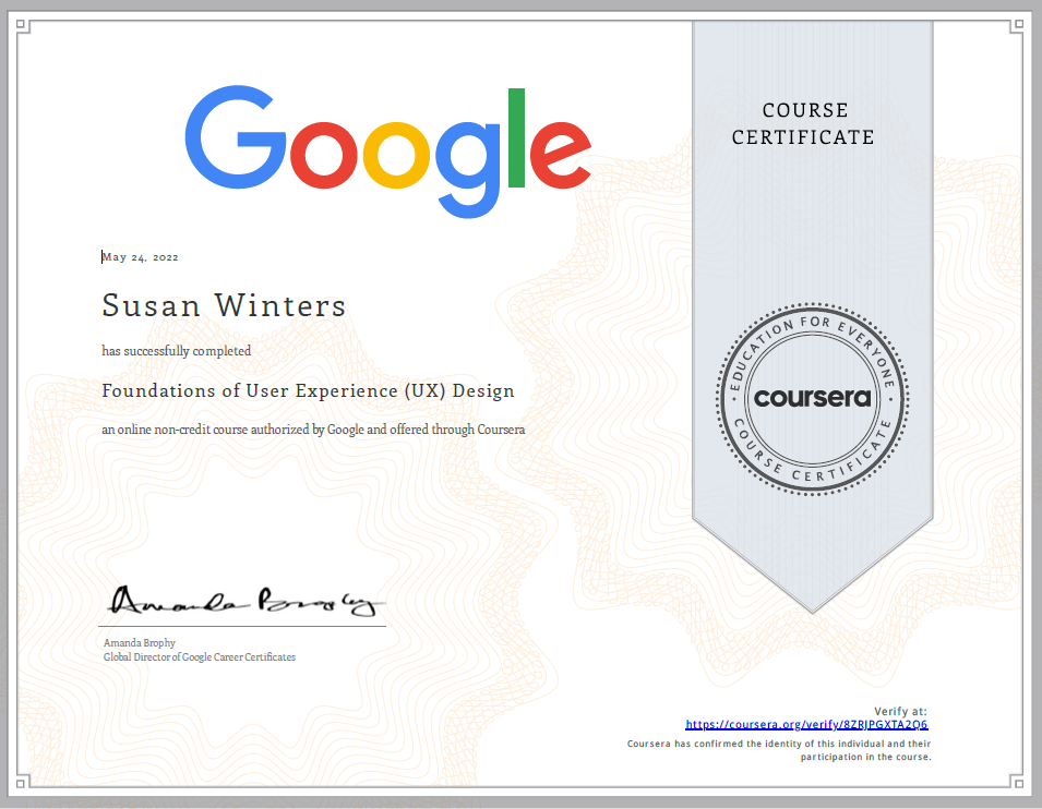 Google Certification - UX Design - presented to Susan Winters